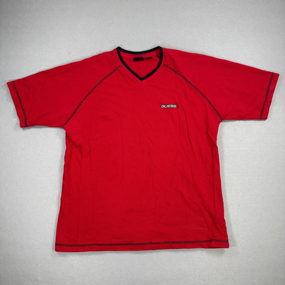 Vintage Guess Jeans T-Shirt Mens Large Red V-Neck Short Sleeve Streetwear Y2K - Picture 1 of 8